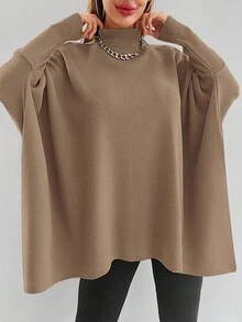 EURMUSE Mock Neck Batwing Sleeve Asymmetrical Hem Sweater - Camel - View 5
