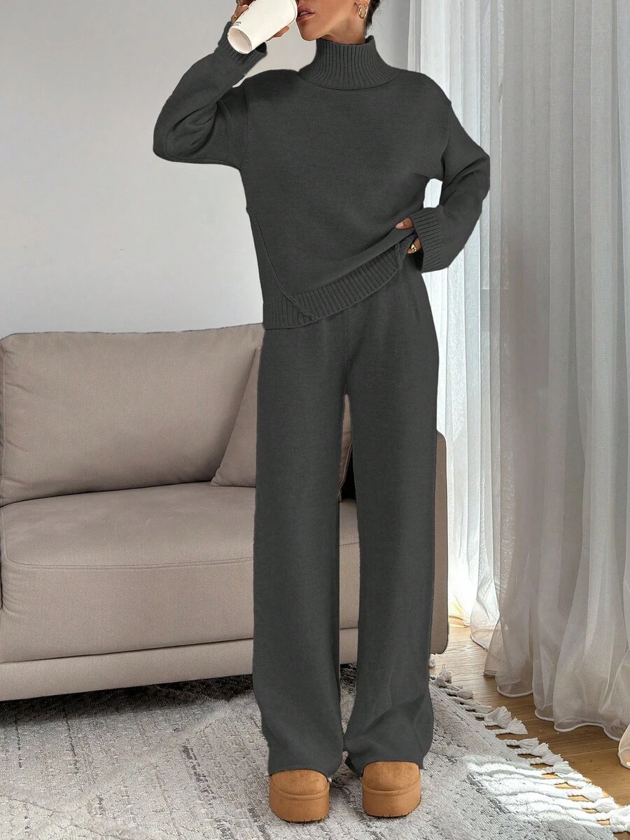 SHEIN Tall Women Relaxed Fit Turtle-Neck Sweater With Rib Knit Detailed And Straight Knit Pant Set, Tall Women - Grey - View 1