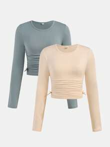 SHEIN Girlism 2 件套青少年女孩纯色圆领褶皱休闲长袖 T 恤