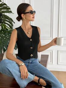 Serisse Casual Commute Solid Color Button Front Knit Vest Black Winter - Black - View 4