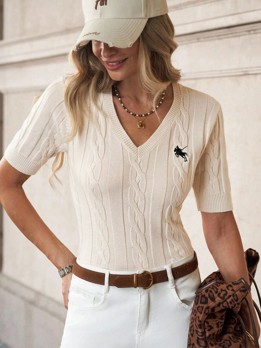 Solivie Áo len dệt kim đa năng thanh lịch dành cho nữ, áo len thường ngày cổ điển của Pháp dành cho nữ đi chơi công sở, áo thun dệt kim co giãn chuyên nghiệp dành cho các môn thể thao ngoài trời cơ bản, thêu - Màu be - Xem 1