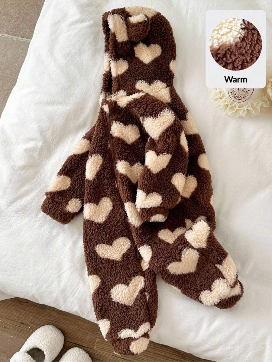 LMoss Kids LMoss  Baby Girl Heart Pattern Knitted Hooded Plush Casual Jumpsuit,Winter Clothes,Cozy Fall & Winter Styles,Styles Confortables D'automne&Hiver,Gemütliche Herbst- & Winterstile,