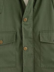 Genkimix Kids 1pc Boys' Autumn/Winter New English Letter Printed Military Green Front Pocket Zipper Hooded Thickened Casual Windbreaker Coat Fall - Army Green - View 7