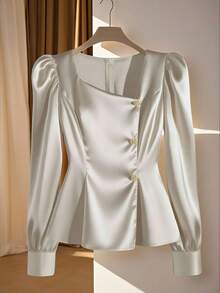 Franclia Elegant Solid Color Puff Sleeve Blouse, Suitable For Commuting - Champagne - View 1