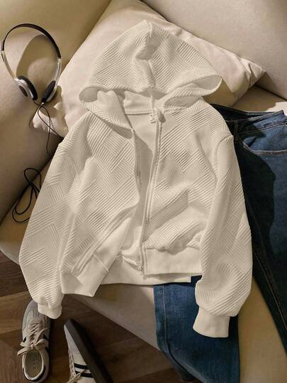 青少年女孩休闲舒适运动简约连帽拉链运动衫，适合通勤和日常穿着，秋冬季