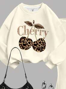 SHEIN Leap Crew 2 件套复古甜美豹纹樱桃字母图案宽松圆领长袖运动衫和修身喇叭裤，返校装，2000 年代 Y2K 风格，街头风，休闲校园运动风，户外野餐，郊游，街头风格，家居服，校园 - 彩色 - 查看 4