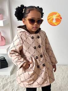 SHEIN Jaqueta corta-vento infantil feminina, casual, simples, de abotoamento simples, cáqui, manga comprida, com capuz e forro de pele marrom, adequada para escola, uso diário, viagens