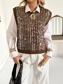 Siren Gaze 2025秋季女装新品！棕色纯色圆领亮片装饰针织背心，尽显复古富贵风范。适合职场/办公室商务休闲女性，也适合教师、通勤、日常穿着和街头出行。秋季必备百搭时尚单品。此外，也是秋季婚礼宾客造型的完美之选，尽显奢华夏季闪亮休闲棕色风范。 - 棕色 - 查看 6