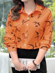EMERY ROSE Plus Size Women Fall Casual Orange Plant Printed Long Sleeve Shirt - Orange - View 4