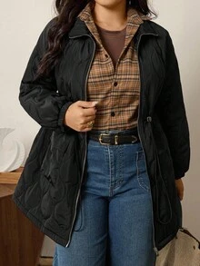 Zelara Plus Size Women's Black Winter Coat,Casual Hiking Long Sleeve Drawstring Waist Loose Chic Zip Up Hooded Autumn Winter Fall Jacket Tops - Black - View 6
