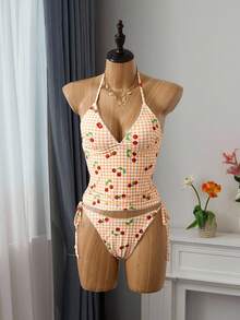 SHEIN Swim Summer Sweet Cherry Plaid Bikini Set - Multicolor - View 12