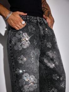 ROMWE MEN Street Life Men's Fashion Washed Distressed Rhinestone Embellished Jeans - Black - View 2