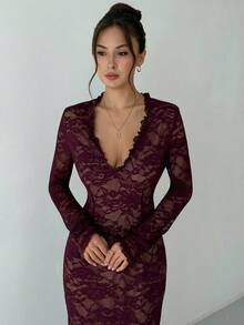 Aloruh Fioletowa, aksamitna sukienka z koronką, głębokim dekoltem w serek i długim rękawem, z wysokim rozcięciem, idealna na imprezę i randkę - Czerwony fiolet - Zobacz 3