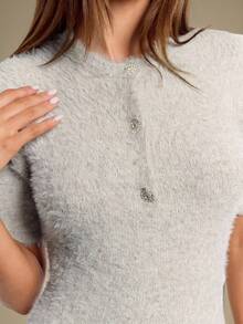 SHEIN BAE 女式休闲纯色纽扣半襟短袖荷叶边下摆针织连衣裙，秋季 - 淺灰色 - 查看 7