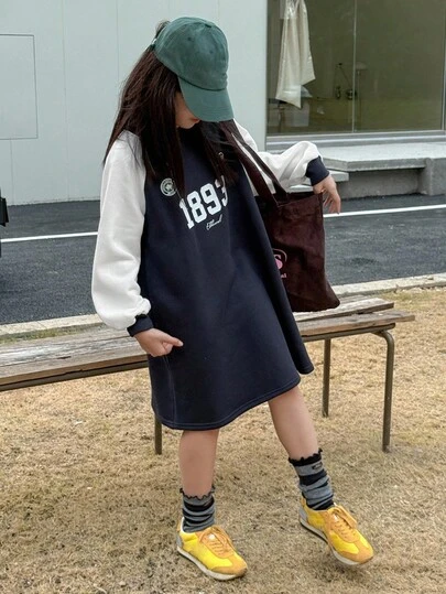 DAZY 女童拼色印花针织保暖内衬圆领连衣裙，秋季