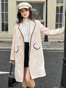 SHEIN Streecool Teen Girls Woolen Windbreaker Jacket, Double-Breasted Contrast Trim Design, Long Suit Jacket, Suitable For Casual, Commute, Holiday In Autumn/Winter Fall