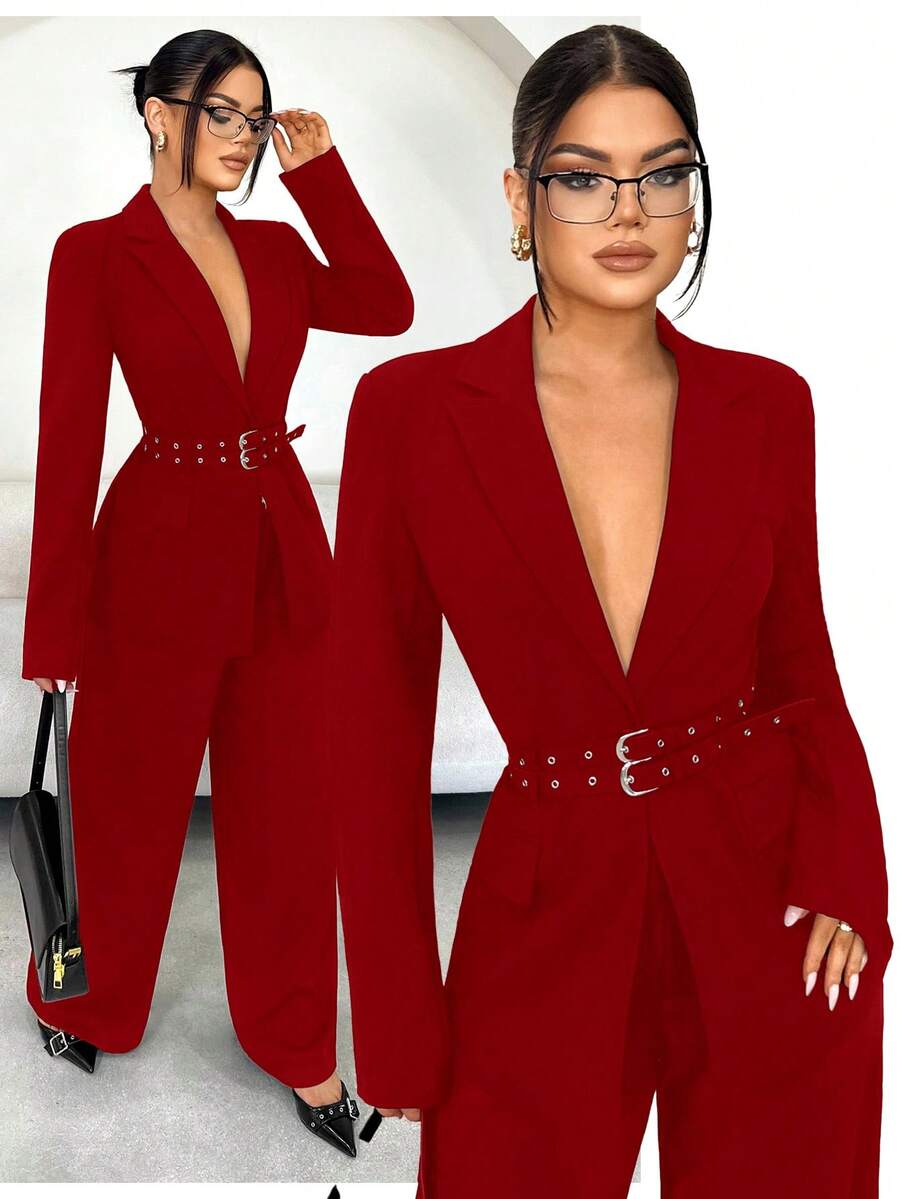 SHEIN SXY Women's Double-Breasted Solid Color Notched Collar Raglan Sleeve Fashionable Business Casual Blazer Autumn Winter - Red - View 1