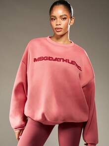 MISSGUIDED 毛巾贴花经典圆领运动衫超大冬季套头衫休闲家居服街头服饰长袖落肩运动休闲 - 玫紅色 - 查看 6