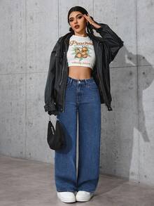 SHEIN PETITE 女式高腰口袋阔腿宽松休闲百搭牛仔裤 - 深色水洗藍 - 查看 3