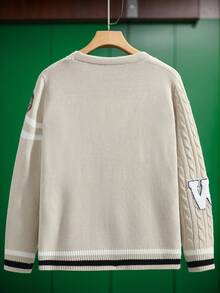 Manfinity Campus Court Áo khoác cardigan nam tay dài dệt kim kiểu dáng thường ngày với họa tiết chữ cái, trái tim và dây cáp, thích hợp cho mùa thu/đông. - Màu be - Xem 2