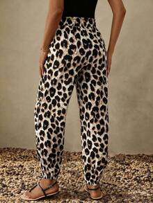 SHEIN LUNE Women's Vintage Leopard Print Elastic Waistband Pants With Ruffled Cuffs For Summer Casual, Holiday