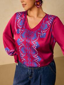 SHEIN VCAY Áo cánh dài tay cổ chữ V in hoa satin thanh lịch cỡ lớn dành cho nữ - Màu đỏ tím - Xem 7