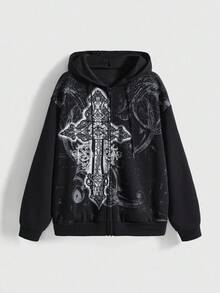 ROMWE Grunge Punk Grunge Style Cross Pattern Print Loose Fit Sweatshirt For Women - Black - View 9