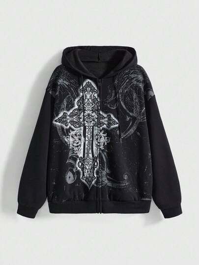 Grunge Punk Grunge Style Cross Pattern Print Loose Fit Hoodie For Women