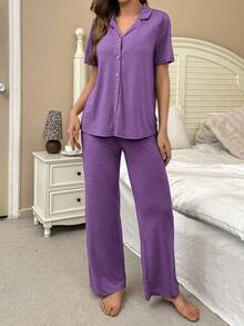 SHEIN 柔软亲肤纽扣开合上衣和裤子时尚家居睡衣套装 - 紫色 - 查看 6