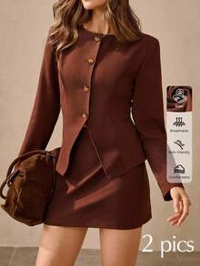 Wildy 女式纯色圆领长袖单排扣夹克和中长裙优雅两件套 - 酒紅色 - 查看 1