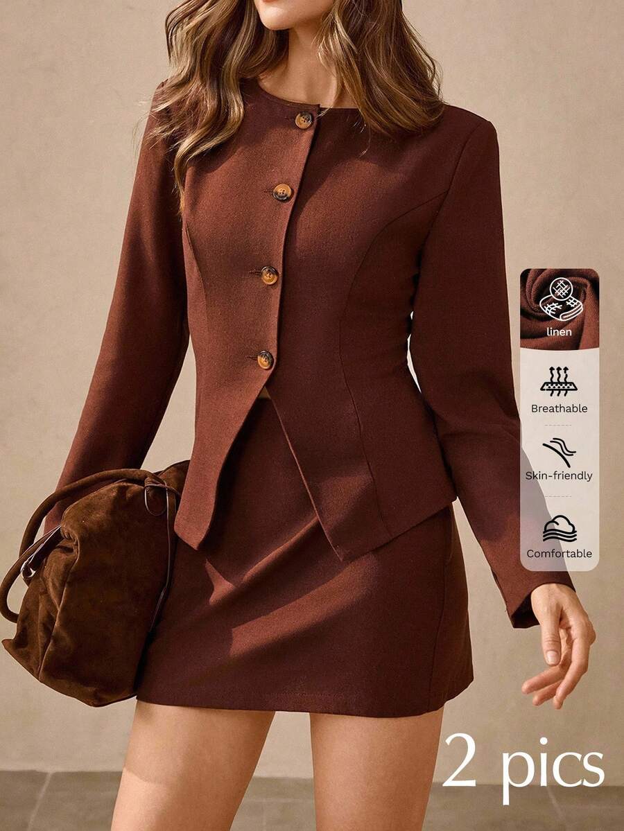 Wildy 女式纯色圆领长袖单排扣夹克和中长裙优雅两件套 - 酒紅色 - 查看 1