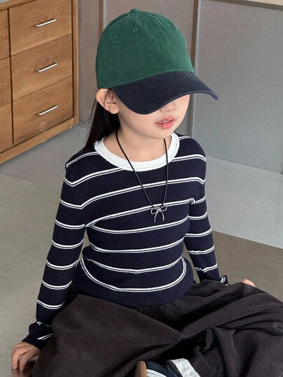Dazy Kids Young Girl' Round Neck Contrast Color Striped Sweater, Fall
