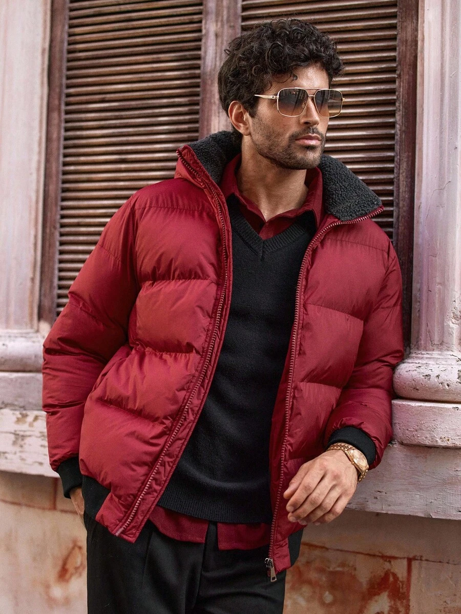 HIMLAND Men's Casual Patchwork Hooded Padded Coat Burgundy Men Outerwear Men Red Jacket Mens Winter Bubble Coat Men Puffer Jacket Men Winter Jacket Men Jacket, For Christmas