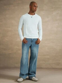 STYNVO Maglietta a maniche lunghe casual da uomo a tinta unita con costine, adatta per estate e autunno