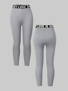 3pcs Girls Text Waistband Black Cool & Comfortable Sports Leggings Fall Winter