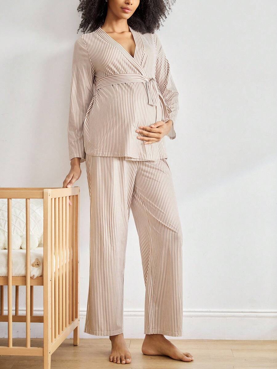 BloomMama Maternity Fashionable Casual Striped Print Nursing Sleepwear Set , Fall & Winter Clothes, Cozy Outfit - Multicolor - View 1