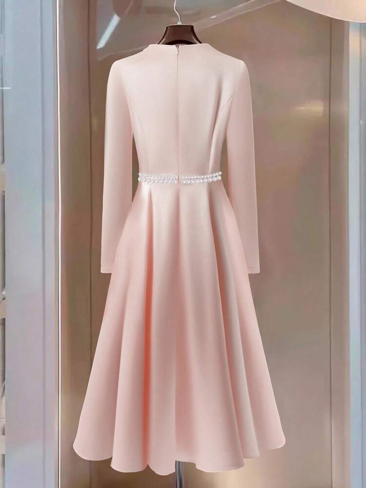 GlowEve Women's Satin Material Sequins Collar Design Waist Sequins Decor A-Line Elegant Everyday Commute Business French Romantic Date Party Christmas Holiday Autumn/Winter Long Sleeve Pink Long Sleeve Dress - Baby Pink - View 2