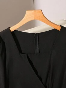 Franclia French Romantic Elegant Fashion Versatile A-B Patchwork Top With Side Tie Sheer Mesh Panel Black Dress For Women, Spring/Autumn - Black - View 3