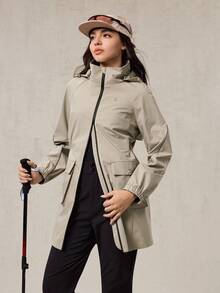 OutZeal 女士防水可拆卸风帽拉链口袋抽绳腰部连帽长款户外夹克徒步露营