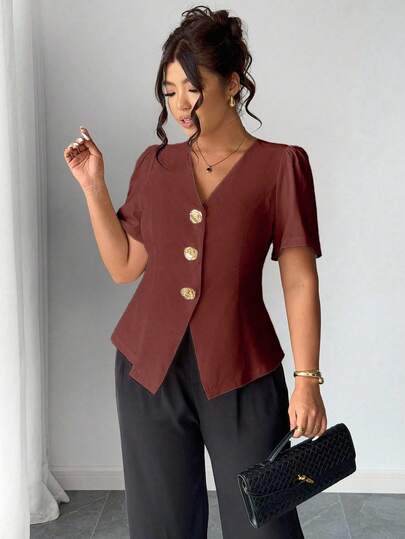 Elenzga 大码时尚装饰玫瑰纽扣开衫衬衫
