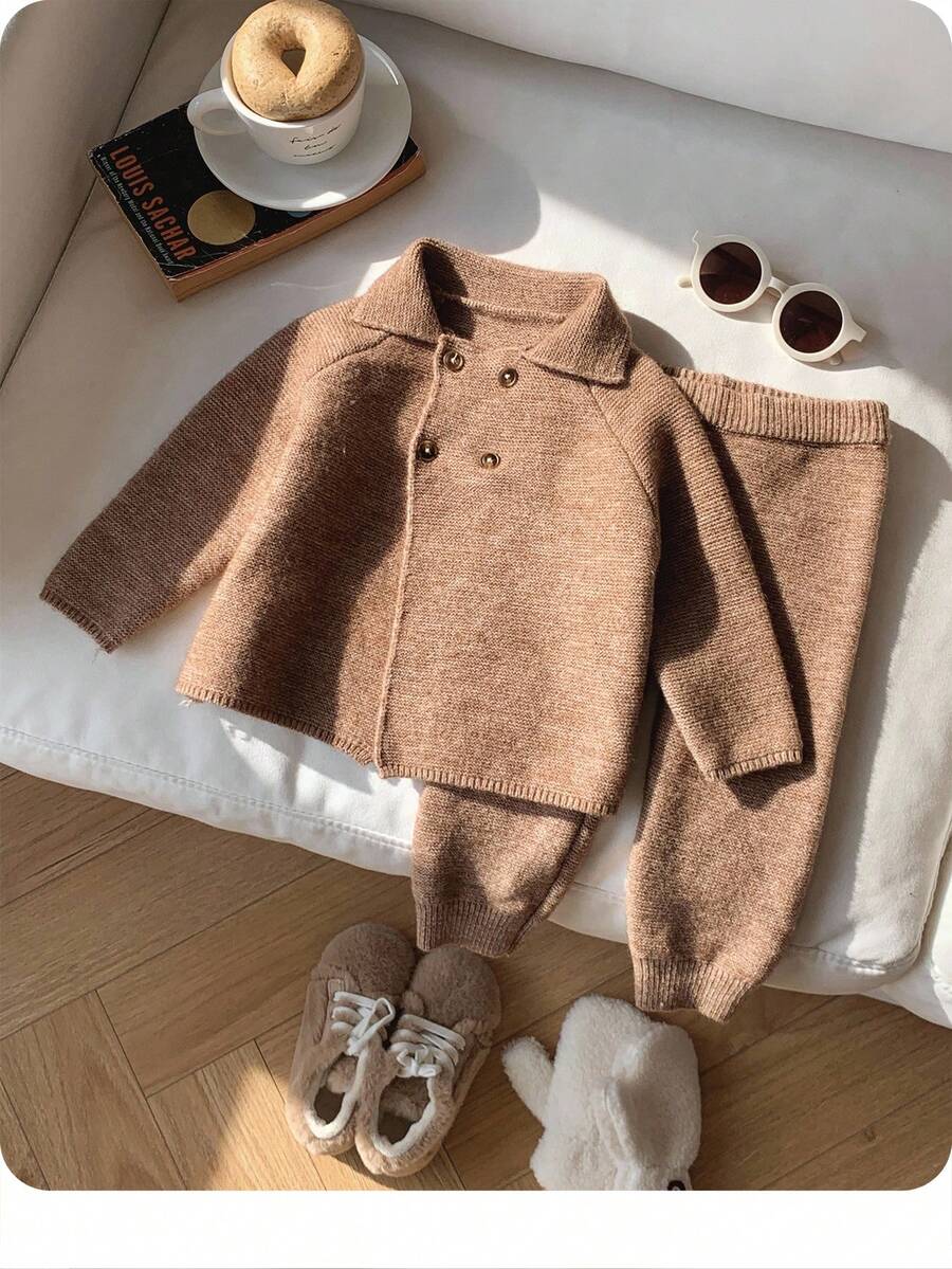 SHEIN 2 件套男婴/女婴可爱纯色高领长袖毛衣和裤子套装，秋冬保暖