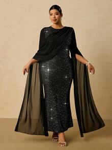 SHEIN VCAY Elegantes Chiffon-Wickelkleid in Große Größen, romantisches Partykleid, figurbetontes Langkleid für Frauen, geeignet für Silvester und Feiertage - Schwarz - Übersicht 4