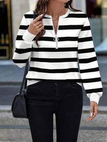 EMERY ROSE Women's Front Half-Zip Striped Crew Neck Sweatshirt In Black And White,Fall - Multicolor - View 3
