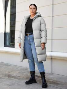SHEIN Cottnline Plus Size Women Solid Color Long Sleeve Zipper Hooded Winter Jacket - Light Grey - View 4