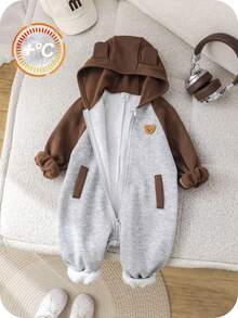 SHEIN Newborn Baby Unisex Plush Bear Hooded Jumpsuit, Casual Color Block Design, Autumn/Winter Baby Clothes, Baby Halloween Costume Newborn Baby Boy Winter Clothes Hooded Baby Jumpsuit Baby Boy Winter Jumpsuit Zip Up Baby Jumpsuit Fall - Multicolor - View 1
