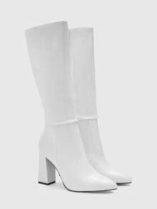 CUCCOO BIZCHIC 高品质鳄鱼压纹白色高筒靴，尖头粗跟优雅女靴，时尚百搭新款长靴，展现女性魅力与优雅 - 白色 - 查看 6