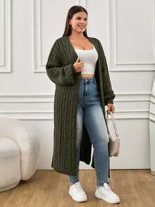 EURMUSE Plus Size Casual Solid Color Long Cardigan, Autumn/Winter - Army Green - View 5