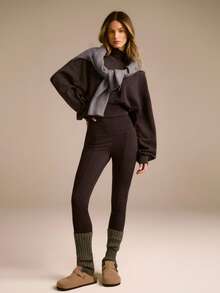 GLOWMODE Modal Soft Warm Curved Bubble Hem Waist Length Oversized Ribbed Cuffs High Neck Pullover Sweatshirt Daily - Chocolate Brown - View 7