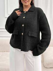 EURMUSE Plus Size Women Single-Breasted Dropped Shoulder Long Sleeve Cardigan - Black - View 3