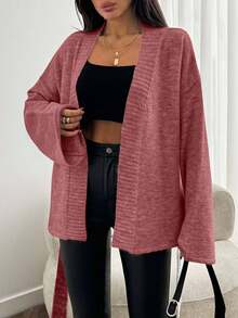 EURMUSE 女式纯色落肩长袖宽松系腰休闲开衫 - 藕粉色 - 查看 6